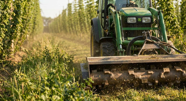 Flail mower for hop garden alley mowing