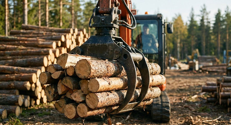 Log grab attachments for handling firewood and timber